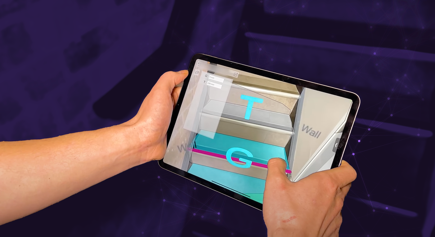 AR markerless measurement iPad app showing a staircase
